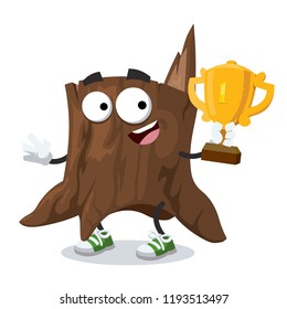 cartoon tree stump mascot holds the number one cup on white background