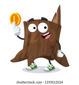 cartoon tree stump mascot keeps the coin on white background