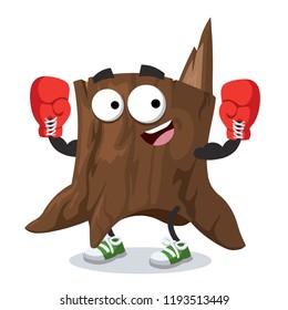cartoon tree stump mascot in red boxing gloves on white background
