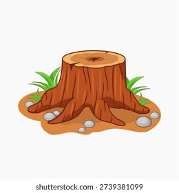 Cartoon Tree Stump with Roots, Grass, and Rocks Vector Illustration Cartoon Design