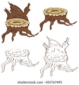 Cartoon tree stump with roots on white background.