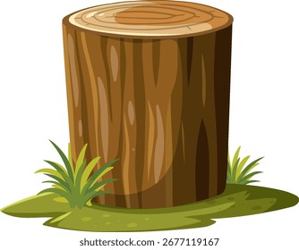 Cartoon árvore coto com anéis visíveis, cercado por grama, cores brilhantes, estilo de vetor plano