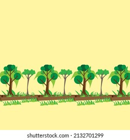 Cartoon tree style seamless pattern, palm tree and grass. For fabric, scrapbooking, surface design