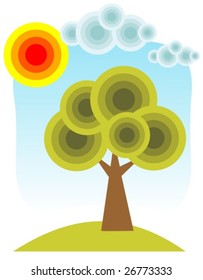 Cartoon tree and sun on a blue sky background.