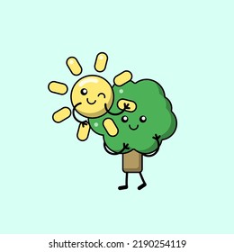 Cartoon tree and sun for patches, badges, logos, stickers. Flat simple vector characters in kawaii style. Vector cute ecology, environmental protection, earth day, save the planet, nature, hugs.