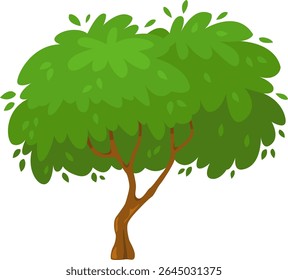 Cartoon tree with a thick brown trunk and a large, lush green crown, leaves gently falling, creating a whimsical and vibrant representation of nature