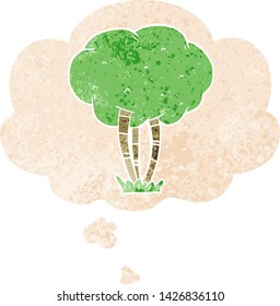 árbol de dibujos animados con burbuja de pensamiento en un estilo retro angustiado con textura gruesa