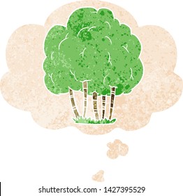 árbol de dibujos animados con burbuja de pensamiento en un estilo retro angustiado con textura gruesa