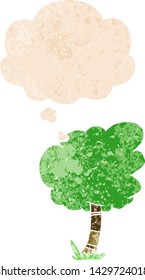 árbol de dibujos animados con burbuja de pensamiento en un estilo retro angustiado con textura gruesa