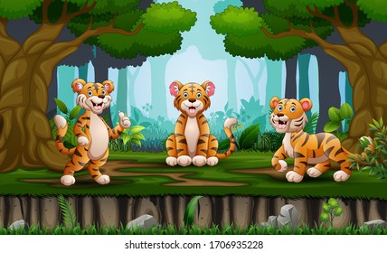 Cartoon tree tigers enjoying in the jungle