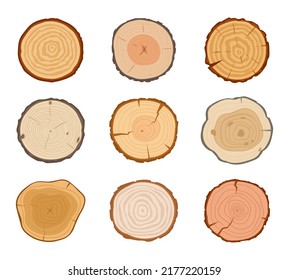 Cartoon tree trunk cuts, lumber wooden industry materials. Round pine, oak or birch slices, cutting tree trunk parts vector symbols illustration set. Wood lumber saw cuts