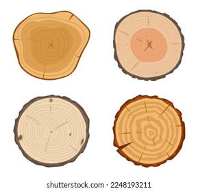 Cartoon tree trunk cuts. Round pine, birch or oak slices, lumber wooden industry materials, wood lumber saw cuts flat vector illustration set on white background