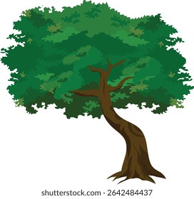 Cartoon Tree Vector with Curved Brown Trunk and Dense Green Foliage for Animation Background, Village Landscape Scene, Jungle Game Asset or Educational Explainer Design

