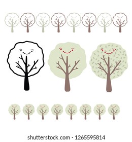 Cartoon tree vector illustration set. Hand drawn, adorable smiling happy face.  Deciduous summer forest border.  Cute kids nature elements doodle.
