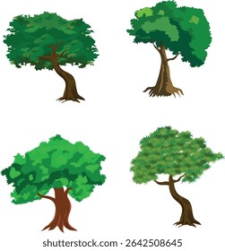 Cartoon Tree Vector Set with 4 Green Leafy Trees for Animation Background, Forest Nature Game Asset, Educational Explainer Videos, Storybook Landscapes, Village Scenes, and 2D Flat Design Projects


