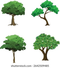 Cartoon Tree Vector Set with 4 Stylized Green Leafy Trees for Animation Backgrounds, Village or Jungle Game Assets, Nature Explainers, Storybook Scenes, or Educational Landscape Illustrations

