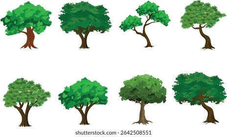 Conjunto de vetor de árvore de desenhos animados com 8 árvores verdes folhosas para planos de fundo de animação, cenas de jogos de selva ou aldeia, vídeos de explicadores da natureza, ilustração de floresta plana ou projeto de paisagem educacional

