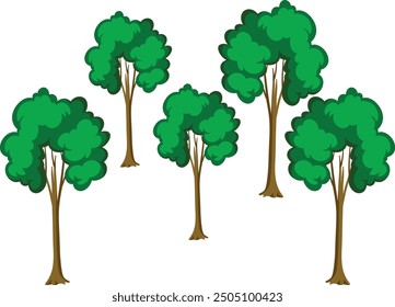 Cartoon tree vector set, collection of trees image with dense green leaves, natural tree plant design element for forest or garden