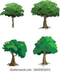 Cartoon Tree Vector Set with Four Leafy Green Trees for Animation Background, Forest Game Scene, Educational Nature Illustration, Village Landscape or Explainer Video Assets

