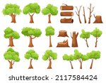 Cartoon tree and wood. Forest green vegetation with stump, log, trunk and branches. Vector isolated set