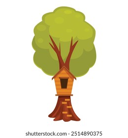 Casa del árbol de la historieta enclavada en las ramas de un árbol verde Grande, proporcionando un área de juego divertida e imaginativa para los niños