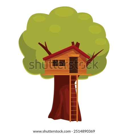 Cartoon treehouse with red roof, two windows and a door, standing on a big green tree