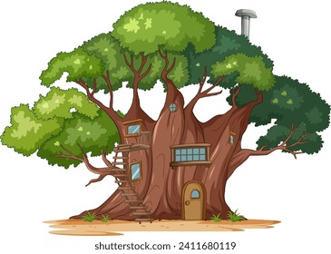 Cartoon treehouse with windows and a door