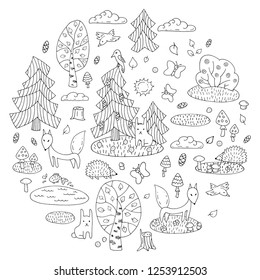 Cartoon trees, animals, nature. Stylized elements to create illustrations for children's fairy tales and legends. Doodles. Vector isolated objects for coloring. Contour drawing.