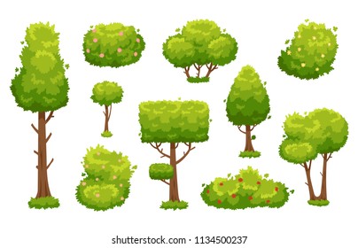 Cartoon trees and bushes. Green plants with flowers for vegetation spring backyard landscape wood plant foliage. Nature forest lumber tree park and garden hedge bush vector isolated icon set