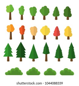 Cartoon trees and bushes pack icons isolated on white background. Vector illustration. Eps 10.