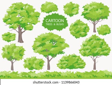 Cartoon trees and bushs. Big set difference shape tree. Grass on white background. Collection isolated crown of the tree. Vector illustration tree for game design or landscape nature in park.