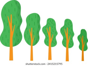 Cartoon trees in different sizes, simple greenery illustration. Environment, nature elements, park scenery vector illustration.