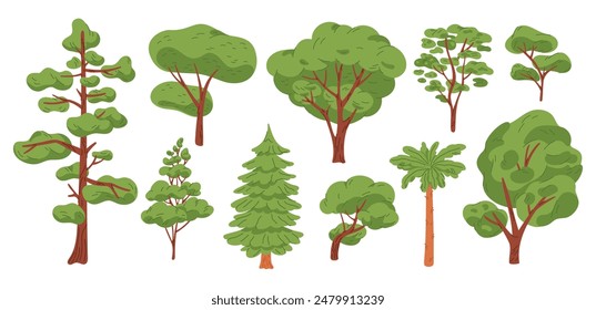 Cartoon trees. Different types of forest plants. Coniferous and deciduous. Summer pine. High oak. Low wood. Green crowns foliage. Landscape lush greenery. Botanical