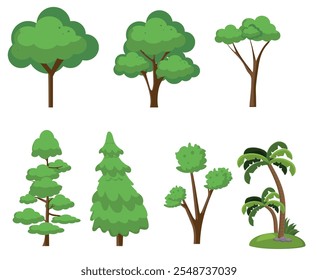 Cartoon trees. Different types of forest plants. Coniferous and deciduous. Summer pine. High oak. Low wood. Green crowns foliage. Landscape lush greenery. Botanical.