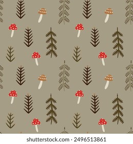 Cartoon trees elm trees and mushrooms fly agaric groovy whimsical seamless pattern art. Doodle stellar celestial cute woodland nature flora environment characters background. Hand-drawn bohemian
