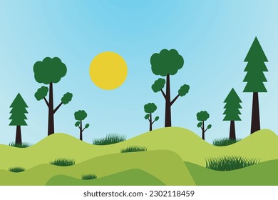 A cartoon of trees in a field with the sun shining on them.