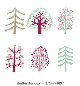 Cartoon trees in flat style isolated on white background. Summer plant, spruce, oak. Woodland, park,forest tree. Vector illustration.   