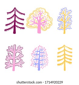 Cartoon trees in flat style isolated on white background. Summer plant, spruce, oak. Woodland, park,forest tree. Vector illustration.   