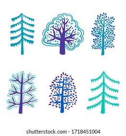 Cartoon trees in flat style isolated on white background. Summer plant, spruce, oak. Woodland, park,forest tree. Vector illustration.   