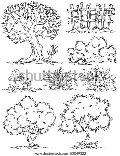 Cartoon Trees Flowers Bushes-Clip-Art