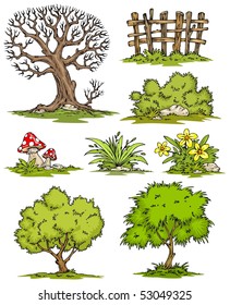 Cartoon Trees Flowers Bushes-Clip-Art Color