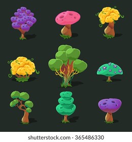 Cartoon trees for game, vector set vector illustration