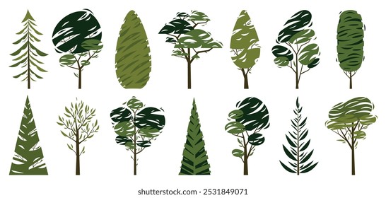 Árvores de desenhos animados. Plantas de floresta verde com folhas diferentes, elementos decorativos da paisagem da natureza, elementos orgânicos florais da eco-botânica. Conjunto isolado do vetor.