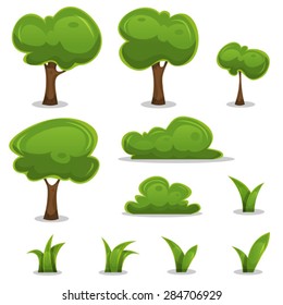 Cartoon Trees, Hedges And Grass Leaves Set/
Illustration of a set of cartoon spring or summer little trees and green icons, with bush, hedges and blades of grass for ui game