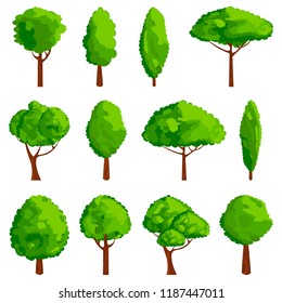 Cartoon trees icon set. Game design element. Vector illustration forest green silhouette