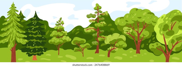 Cartoon trees landscape. Forest and mountains panorama. Green natural background. Coniferous and deciduous plants. Wild nature scenery. Summer woods. Lush foliage. Garish