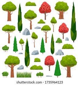 Cartoon trees set. Trees, bushes, grass and stones. Vector illustration