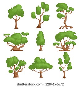 Cartoon trees set. Different types plants in comic style. Nature fantasy elements. Vector illustrations, icons isolated on white background.