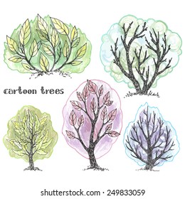 Cartoon trees set, hand-drawn vector illustration.
