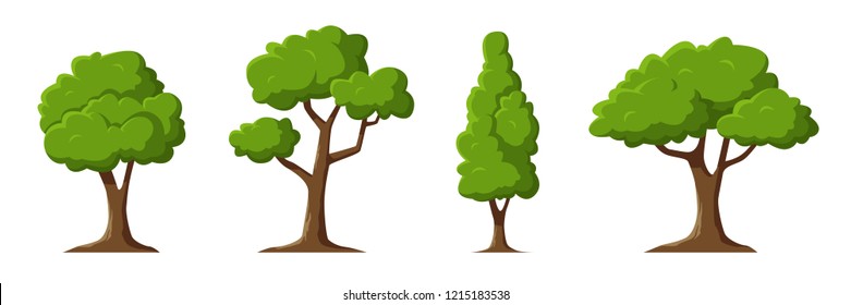 Cartoon trees set isolated on a white background. Simple modern style. Cute green plants, forest. Can be used to illustrate any nature or healthy lifestyle topic. Flat style vector illustration.